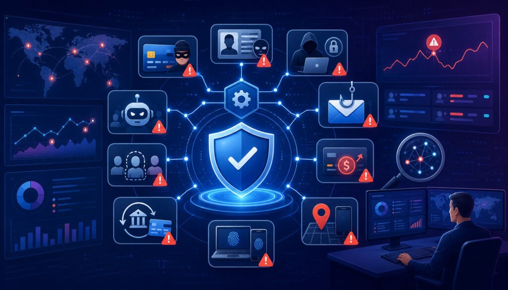 Fraud detection API dashboard with security icons