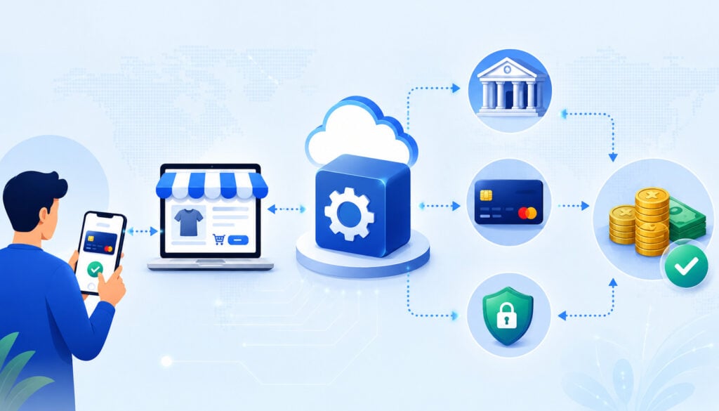 Payment API connecting online store, bank, card, and secure transaction icons