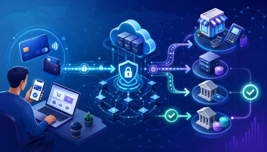 Secure payment gateway infrastructure flow illustration