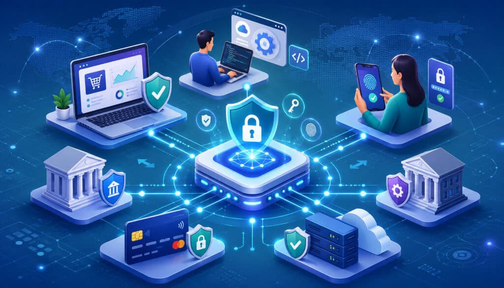 Secure payment API authentication network with banks, customer, merchant, and server icons