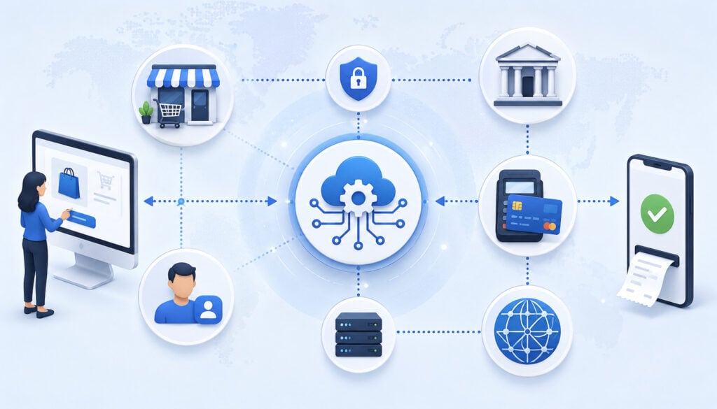 API payment processing parties connected through secure digital payment network