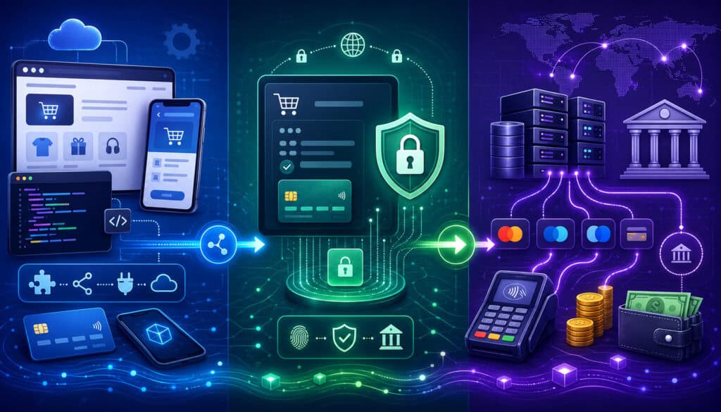 Payment API, gateway API, and processor API fintech illustration