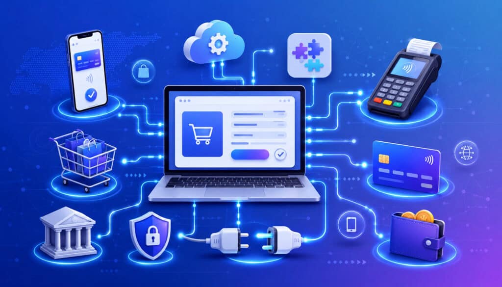 Payment gateway integration options with digital checkout and payment icons