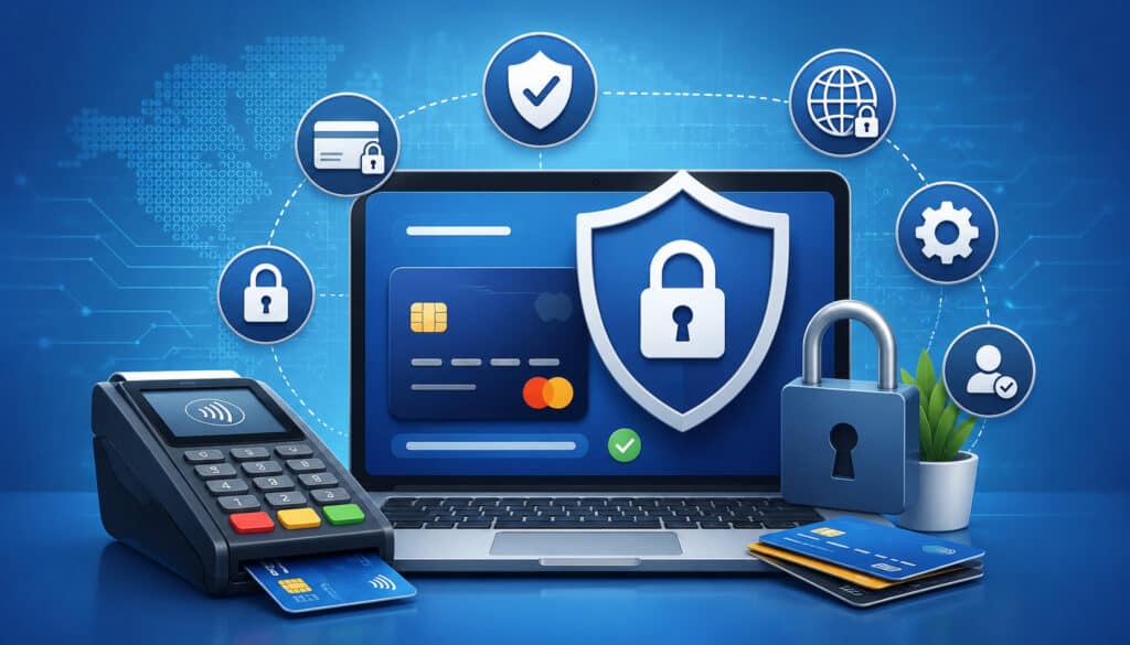 Secure payment gateway with lock and shield icons