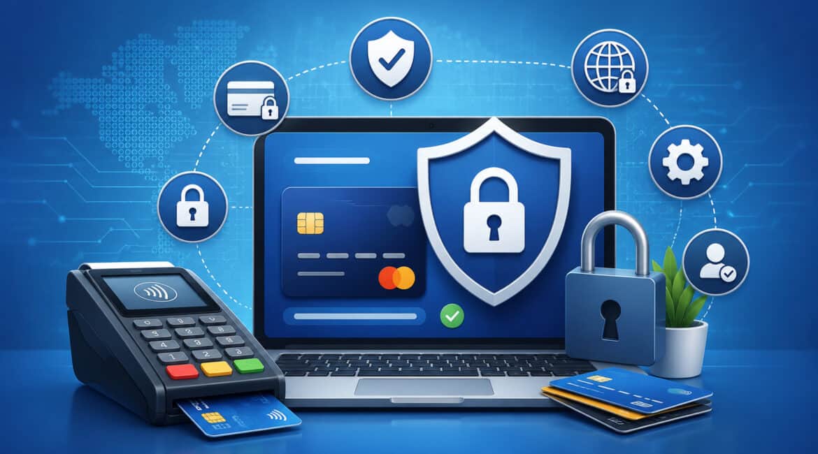 Secure payment gateway with lock and shield icons