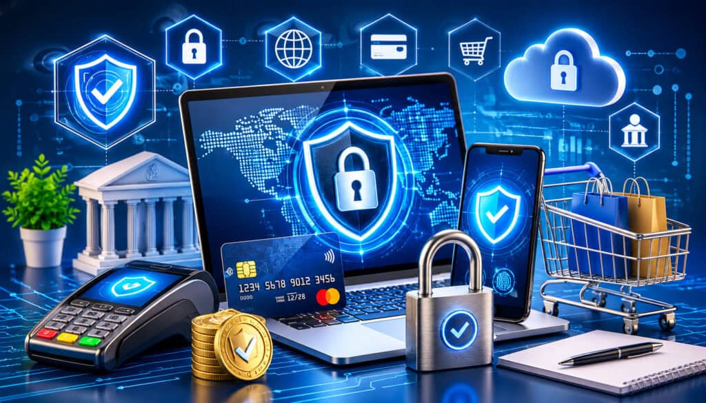 Secure payment gateway with card terminal, shield, lock, and digital security icons
