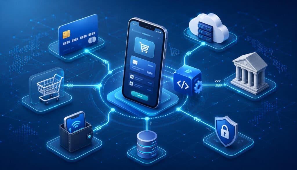 Payment API connecting mobile checkout, banks, cards, and security icons