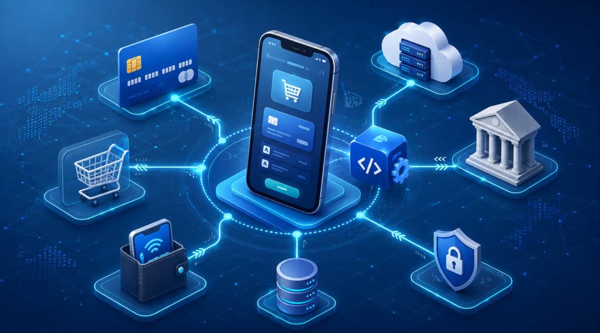 Payment API connecting mobile checkout, banks, cards, and security icons