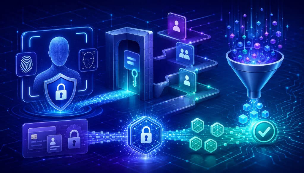 Cybersecurity illustration showing authentication, authorization, tokenization, and input validation
