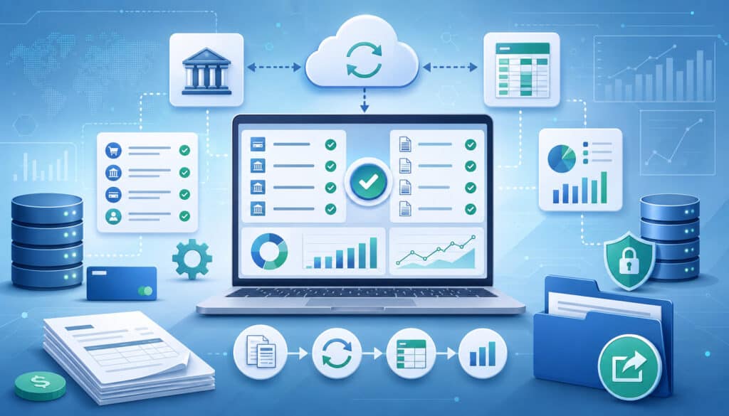 Automated accounting reconciliation and data export dashboard illustration