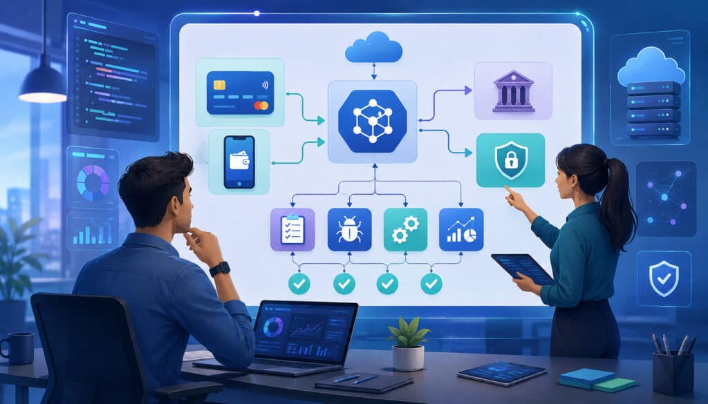 Payment API testing strategy with security, workflow, and validation icons