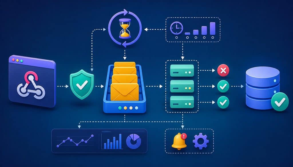 Webhook retry and queue architecture with secure processing and monitoring icons