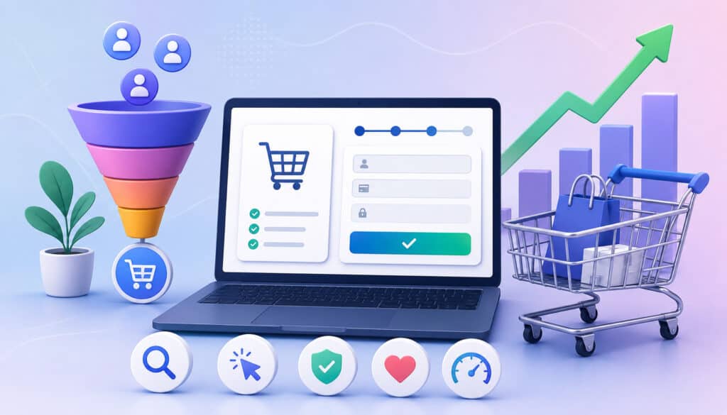 Checkout conversion optimization with secure payment and shopping cart icons
