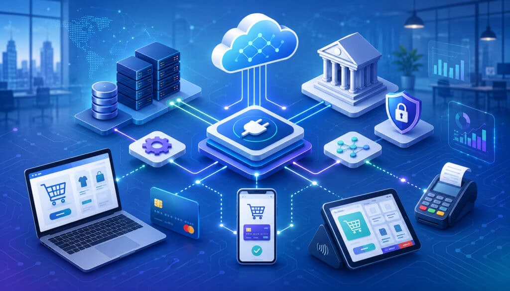 Payment integration architecture with connected devices, cloud, servers, bank, and security icons