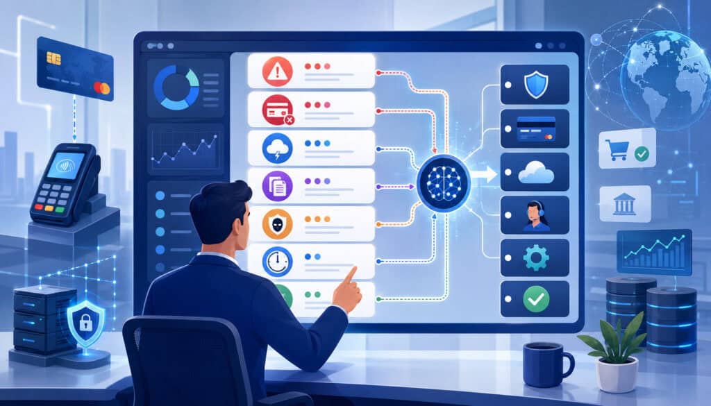 Payment error classification dashboard with transaction issue icons
