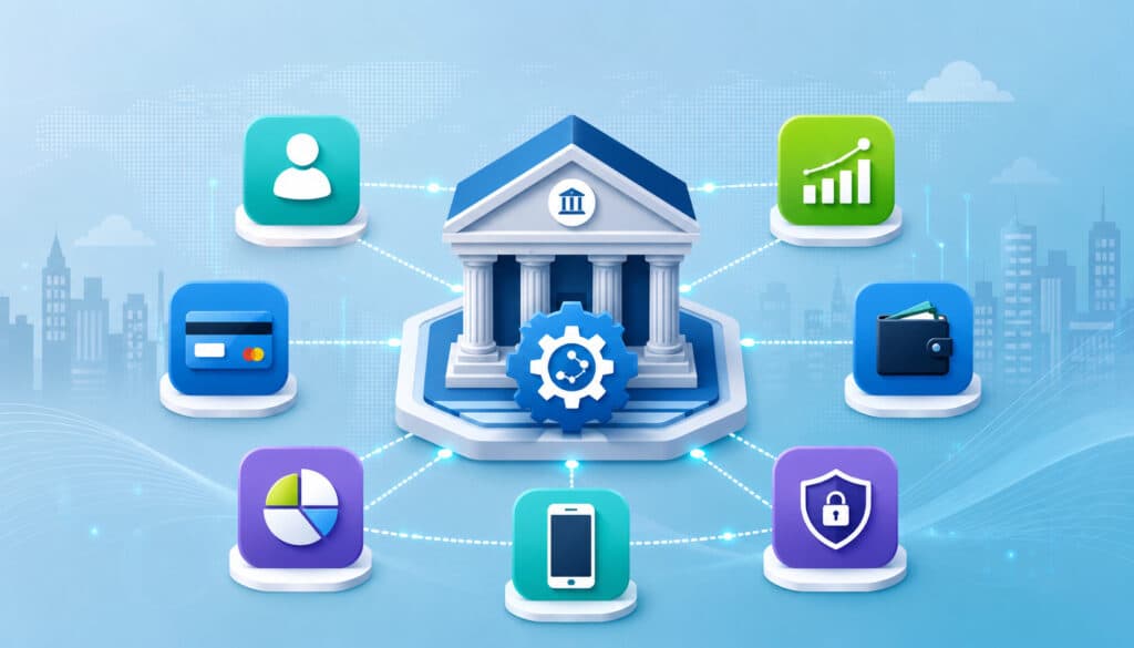 Open banking APIs connecting banks, payments, wallets, analytics, and security