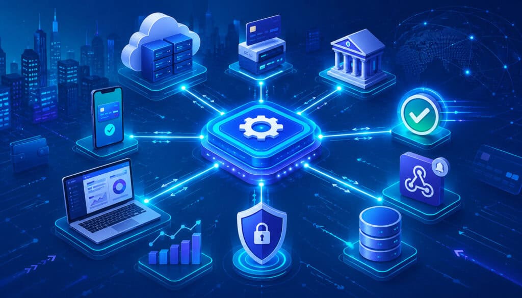 Real-time payment API integration with connected banking, security, cloud, and payment icons