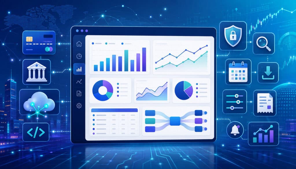 Payment API reporting dashboard with analytics, transaction charts, and security icons
