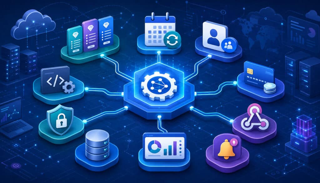 Subscription API architecture with recurring billing, security, payments, webhooks, and analytics
