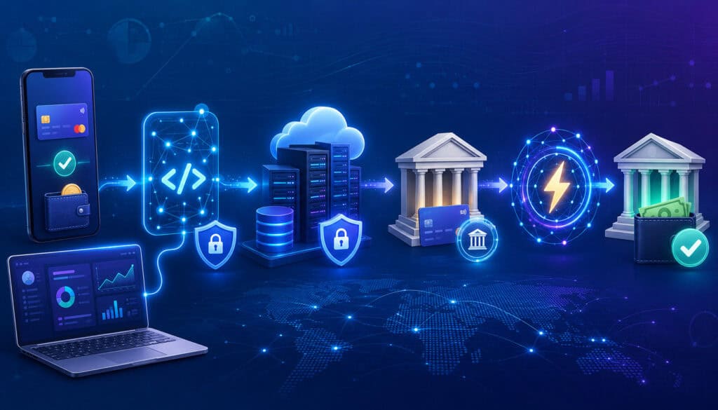 Real-time payment API transaction flow with secure banking and instant fund transfer