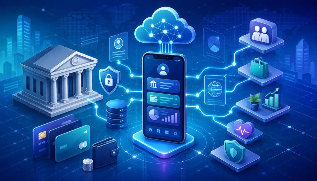 Open banking APIs connecting banks, fintech apps, and secure financial data