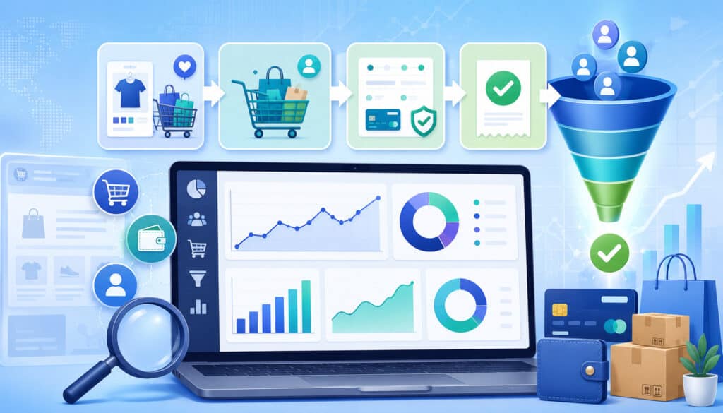 Ecommerce checkout conversion funnel and analytics dashboard illustration