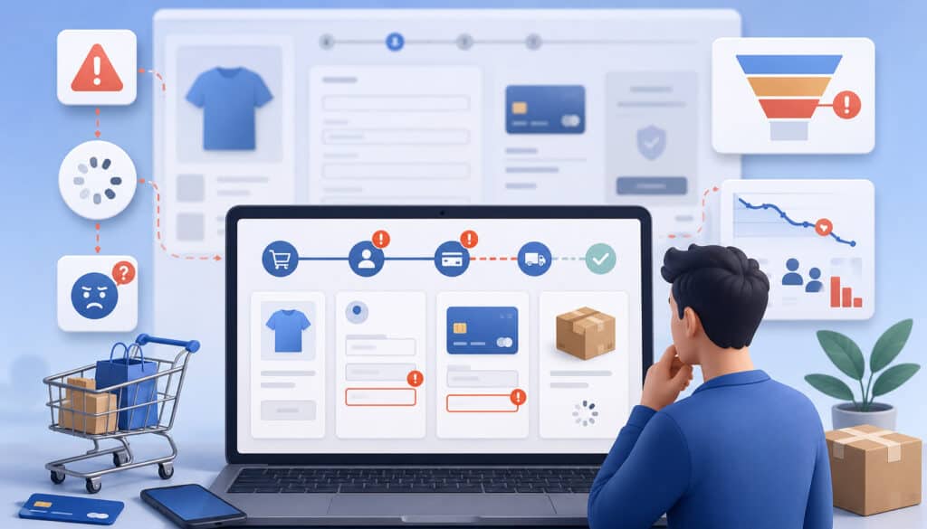 Shopper analyzing checkout friction and payment issues