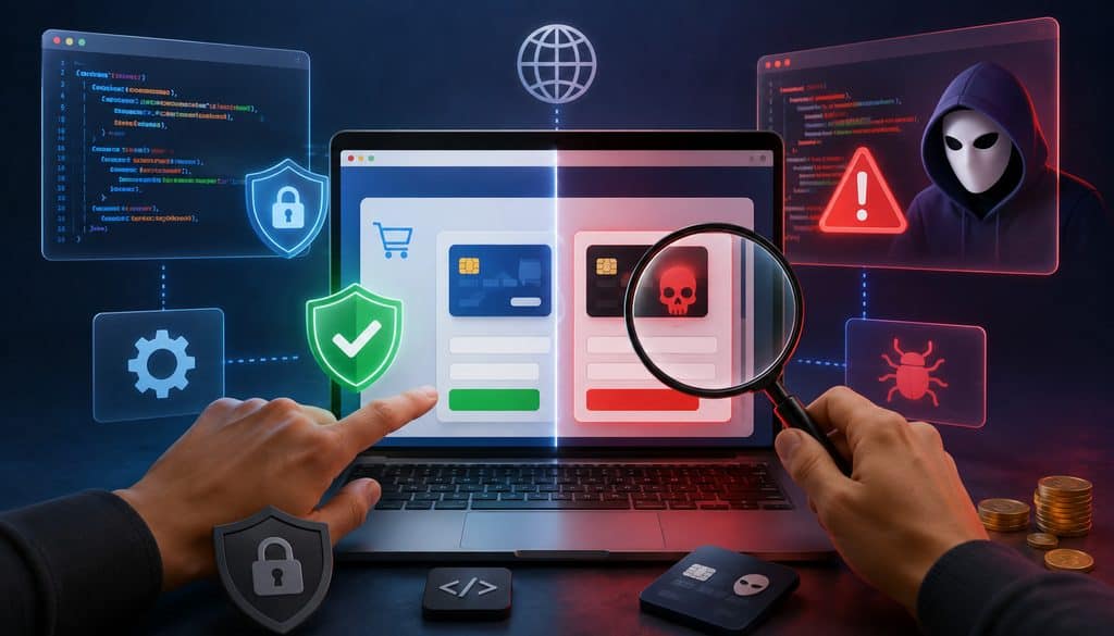 Payment page JavaScript security and checkout tampering illustration