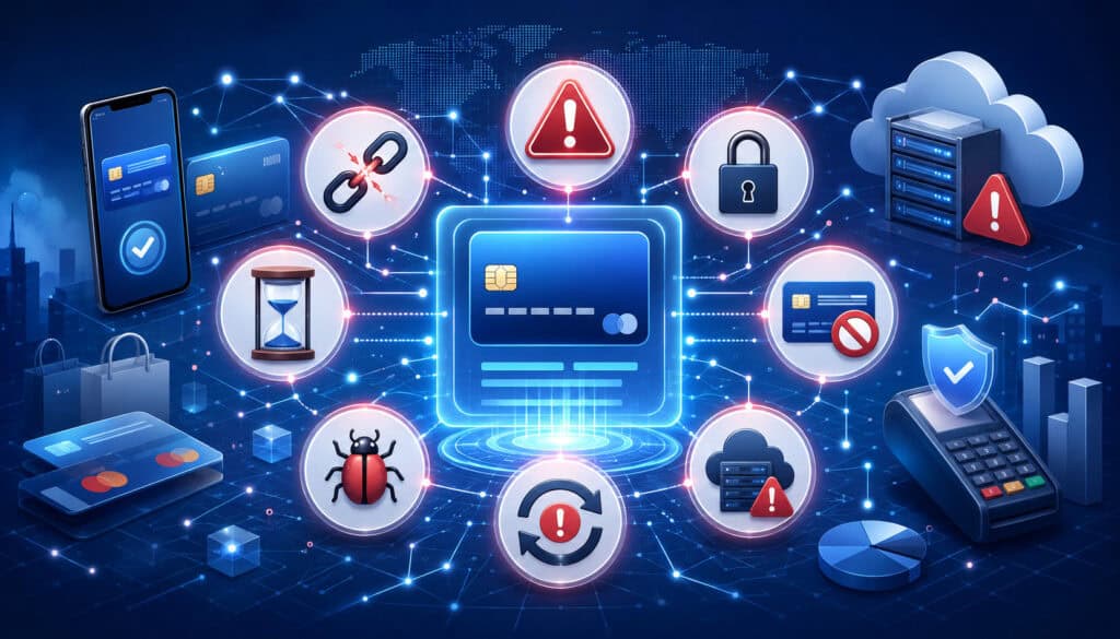 Payment API errors with warning, timeout, security, and connection icons