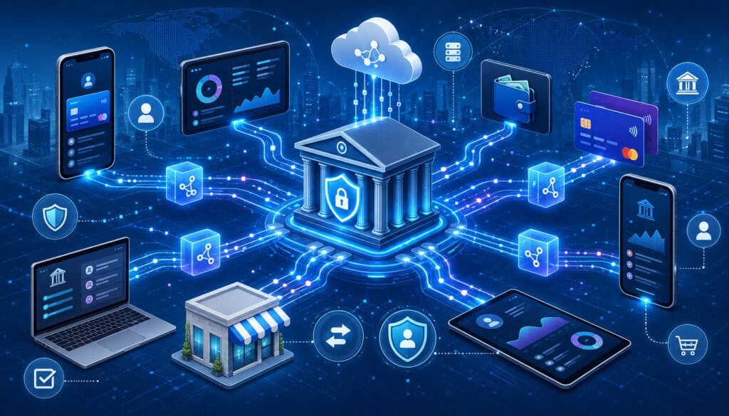 Open banking APIs connecting banks, fintech apps, payments, and secure data sharing