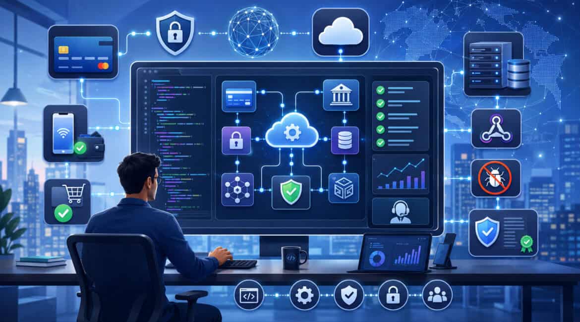 Payment API integration dashboard with security and connectivity icons