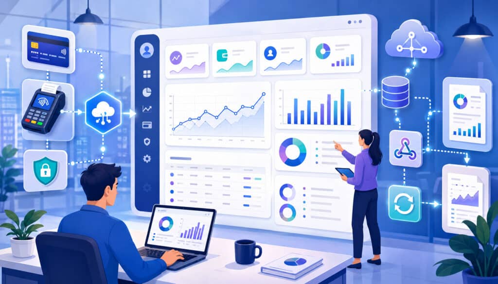 Payment API reporting dashboard with transaction analytics and integration icons