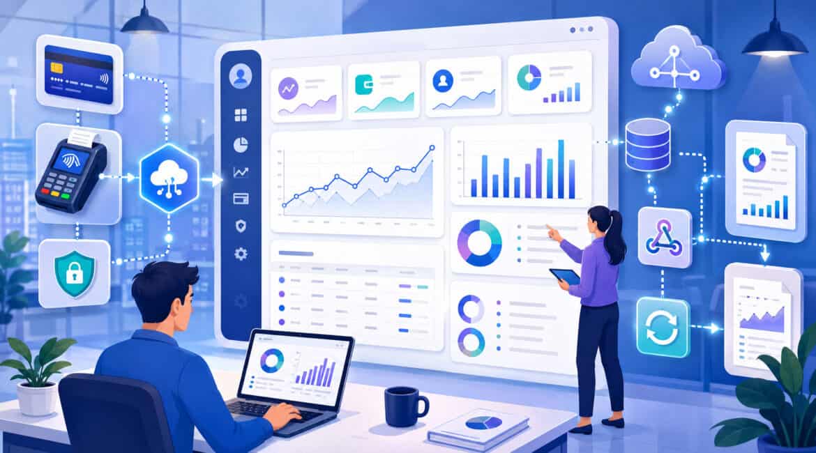 Payment API reporting dashboard with transaction analytics and integration icons