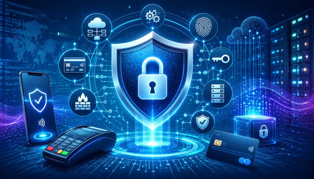Payment API security with digital shield, lock, and secure payment icons