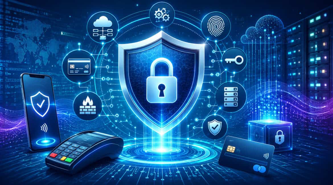 Payment API security with digital shield, lock, and secure payment icons
