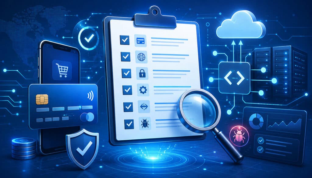 Payment API testing checklist with security, code, and payment validation icons
