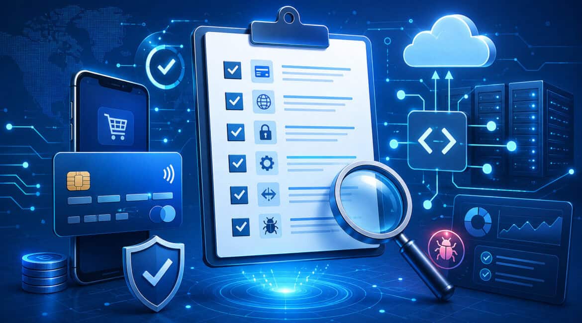 Payment API testing checklist with security, code, and payment validation icons