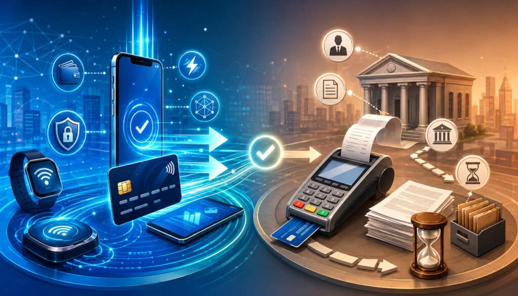 Real-time vs traditional payment processing comparison illustration