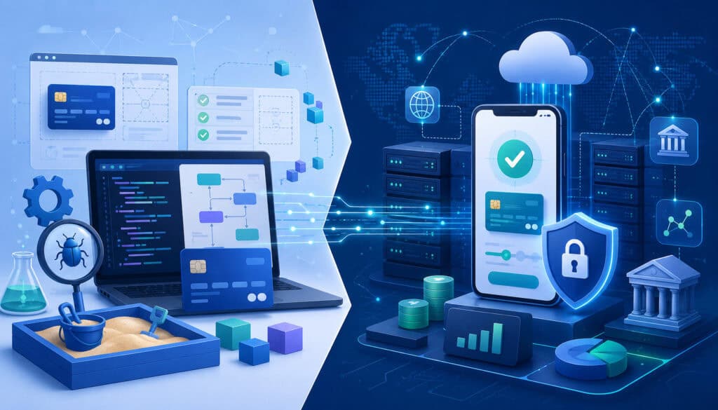Sandbox vs. production payment API testing illustration
