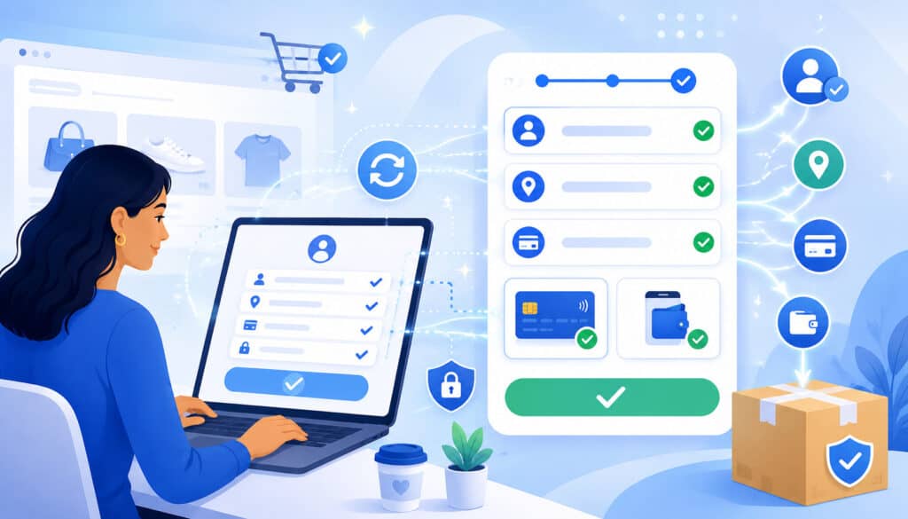 Streamlined checkout form with autofill, secure payment, and delivery icons