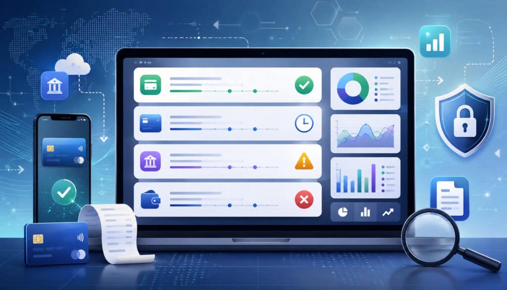 Payment transaction reporting dashboard with status icons and analytics