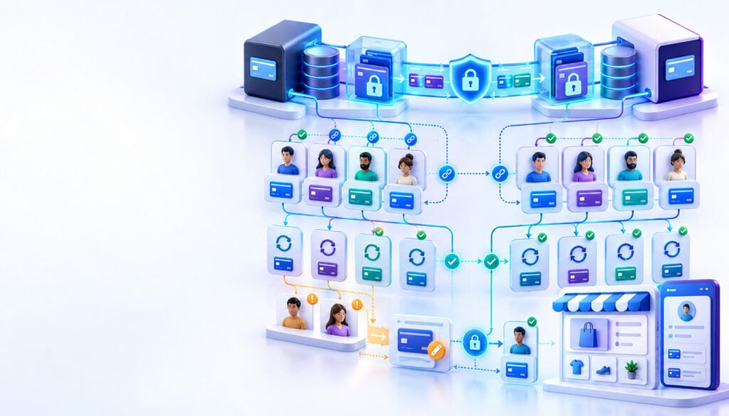 WooCommerce payment gateway migration showing saved card tokens, customer mapping, payment vault transfer, and subscription renewal migration
