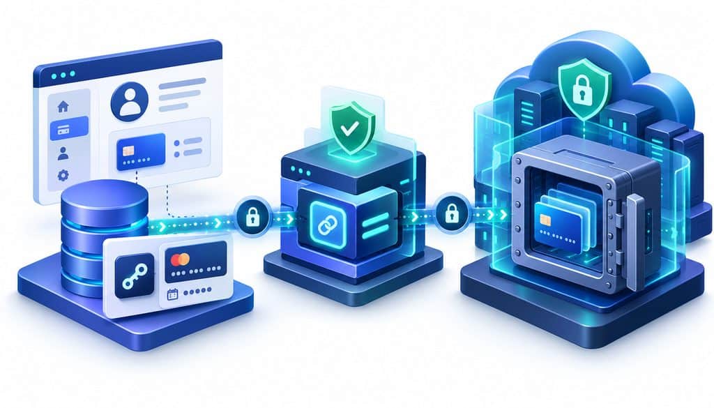 WooCommerce saved payment methods architecture showing payment tokens connected to a gateway and secure remote card vault